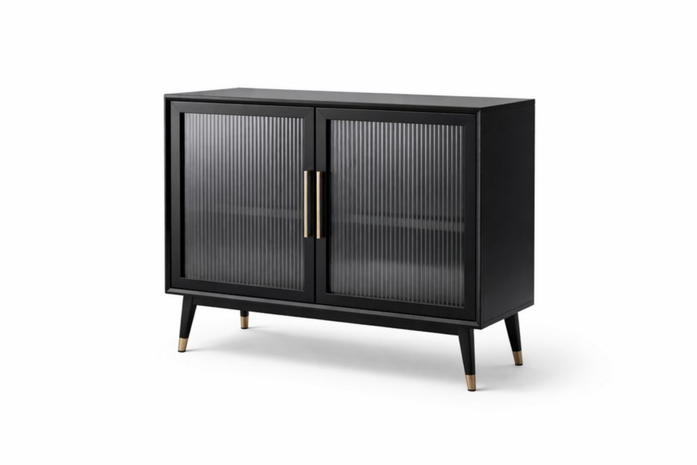 Black MDF Sideboard with Fluted Glass Doors and Metal Legs