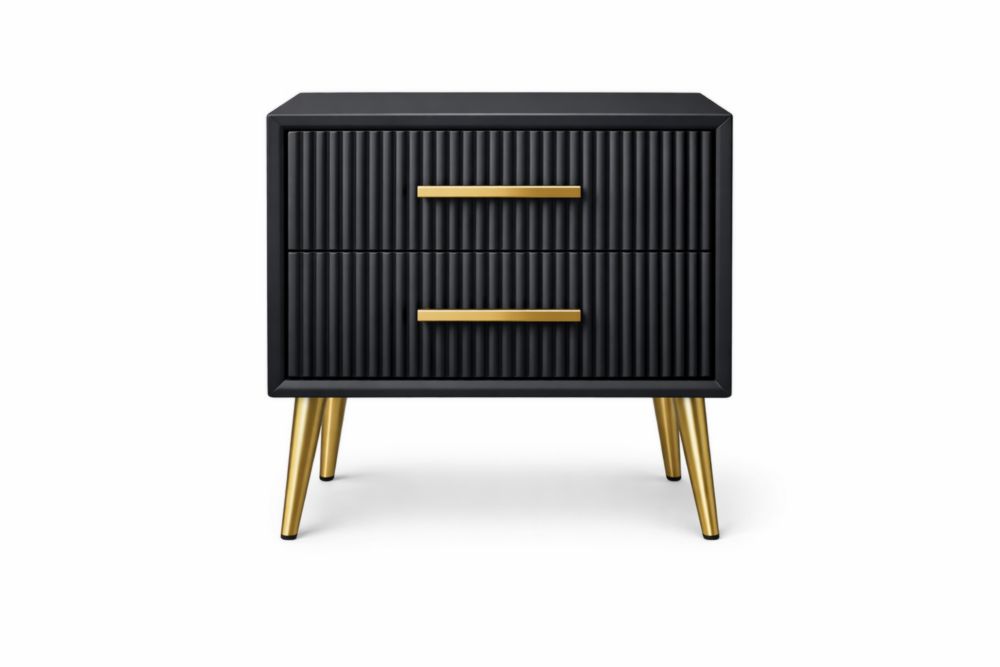 Black Wood Nightstand with Gold Legs and Dual Drawers