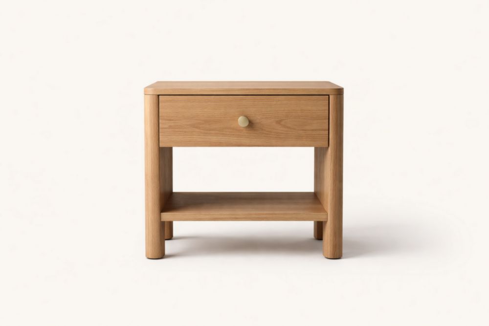 Solid Oak Wooden Nightstand with Drawer and Shelf