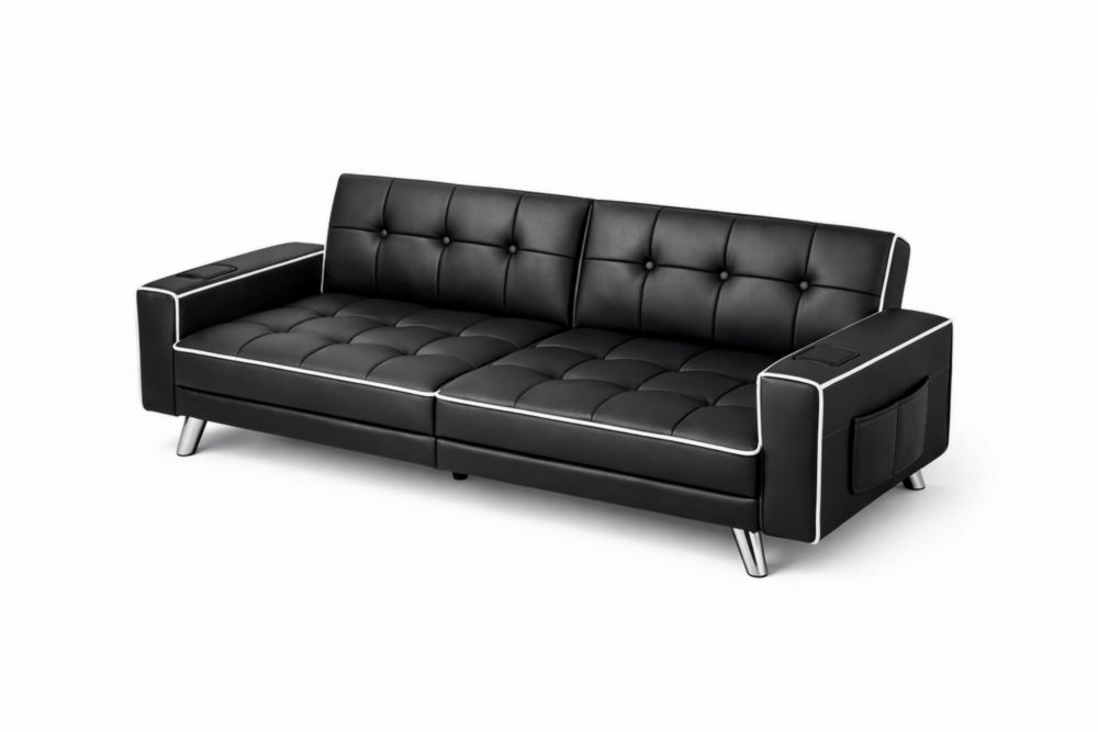 Black PU Leather Sleeper Sofa with Storage