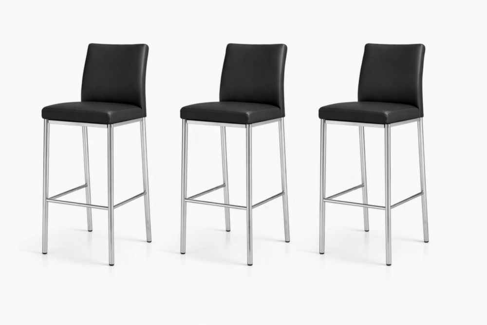Set of 3 Black Faux Leather Bar Stools with Stainless Steel Frame