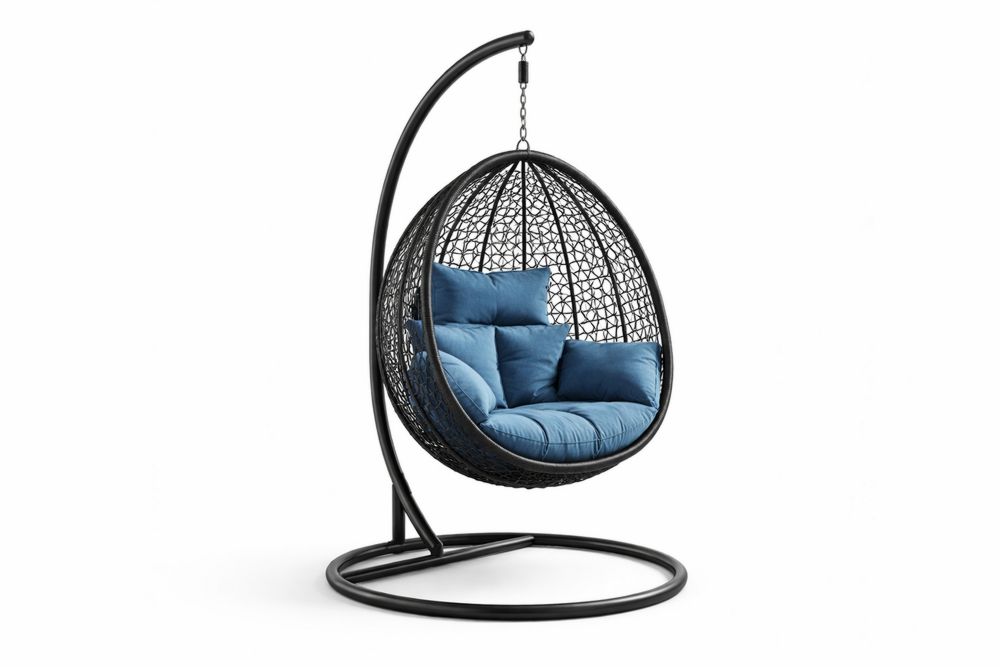 Hanging Egg Chair with Blue Cushions and Wicker Rattan Stand