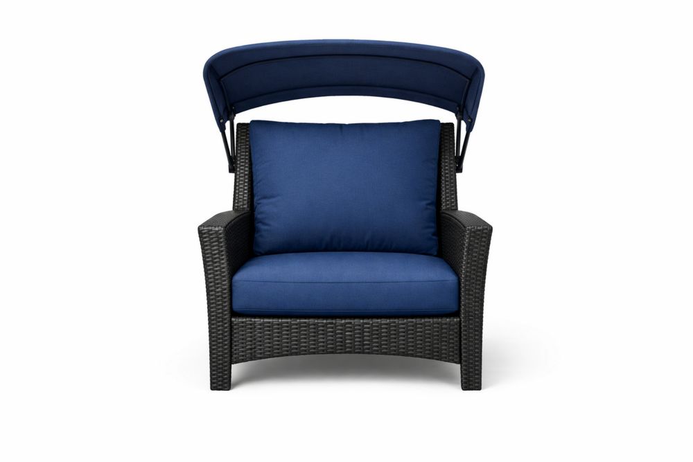 Outdoor Wicker Lounge Chair with Adjustable Canopy and Blue Cushions