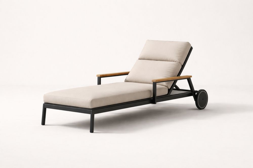 Outdoor Chaise Lounge with Aluminum Frame and Teak Armrests