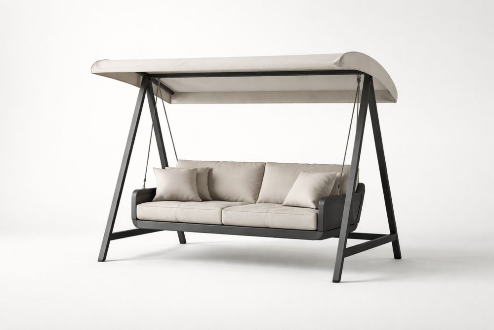 Outdoor Swing Sofa with Beige Polyester Cushions and Steel Frame