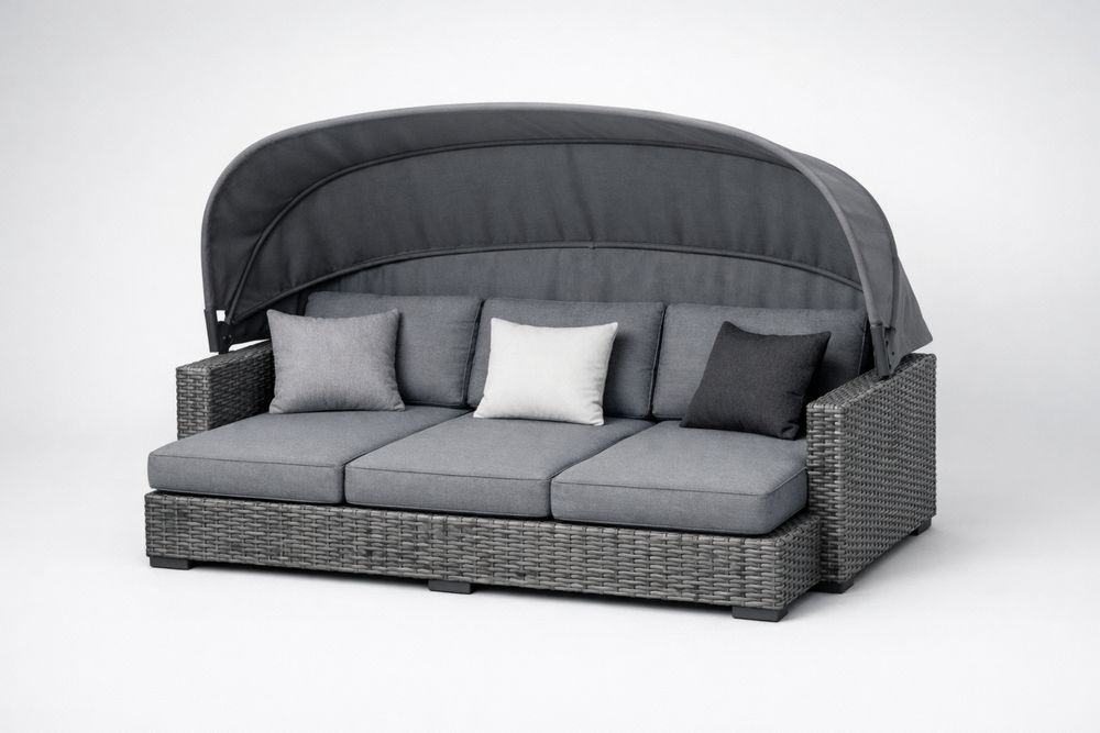 Outdoor Grey Rattan Long Sofa with Adjustable Canopy and Cushions