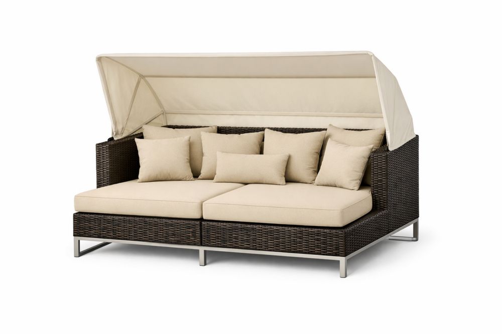 Outdoor Double Daybed with Canopy Beige Wicker Cushioned Aluminum Frame 200x150x180 cm(L × W × H)