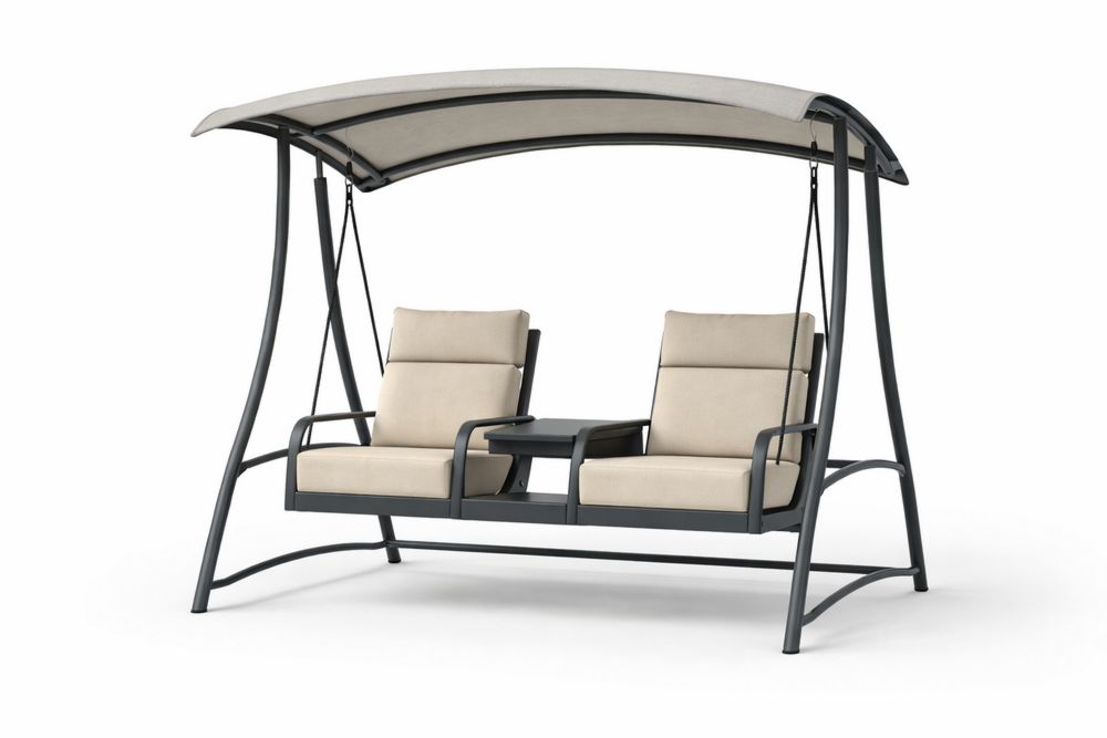 Outdoor Double Swing Chair with Canopy Steel Frame Beige Cushions