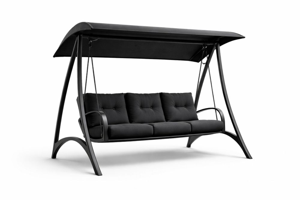 Outdoor Black Steel 3-Seater Swing Chair with Canopy
