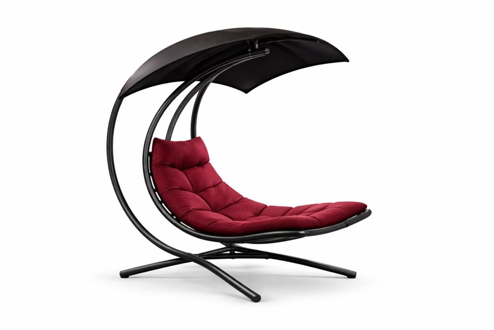 Outdoor Chaise Lounge Chair Steel Frame with Canopy and Red Cushion