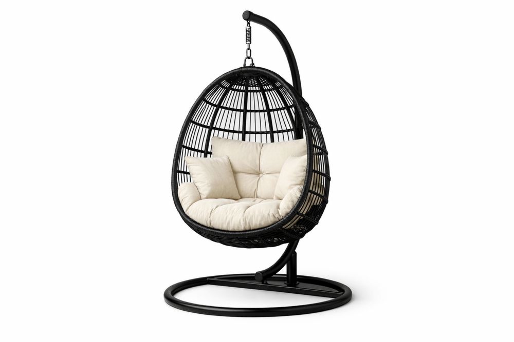 Outdoor Hanging Egg Chair Black Steel Frame Beige Cushions