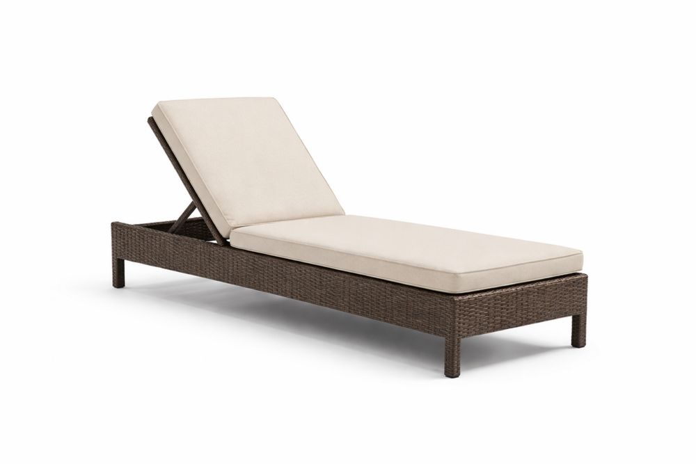 Adjustable Outdoor Chaise Lounge Brown Wicker Beige Cushions