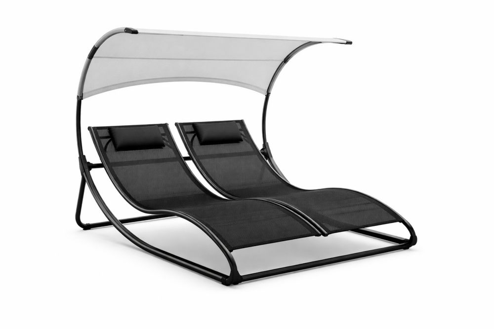 Outdoor Double Lounge Chair with Canopy Black Steel and Textilene