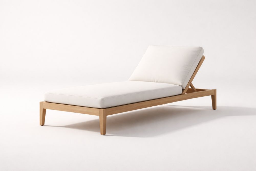 Teak Chaise Lounge Chair with White Cushions