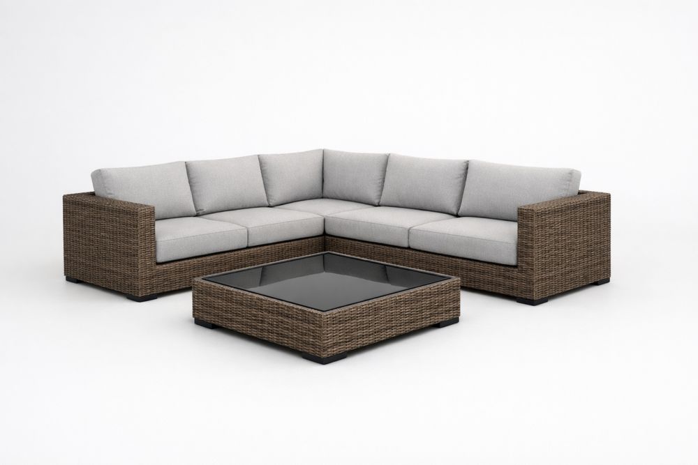 Outdoor Sectional Sofa Set with Tempered Glass Coffee Table Brown PE Rattan and Gray Cushions