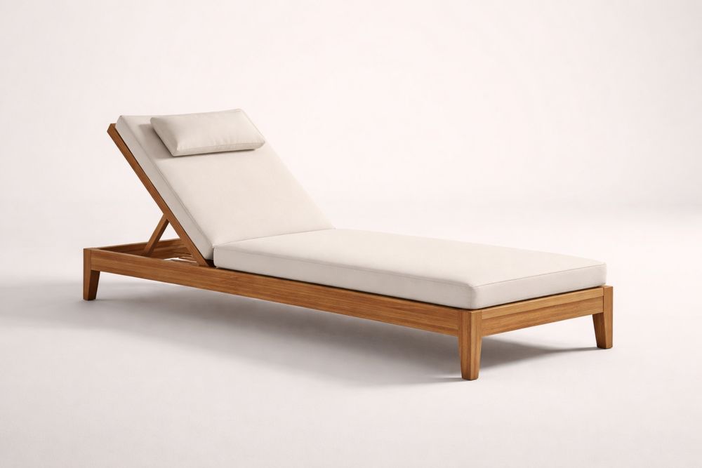 Teak Outdoor Sun Lounger with Adjustable Backrest and Cream Cushion