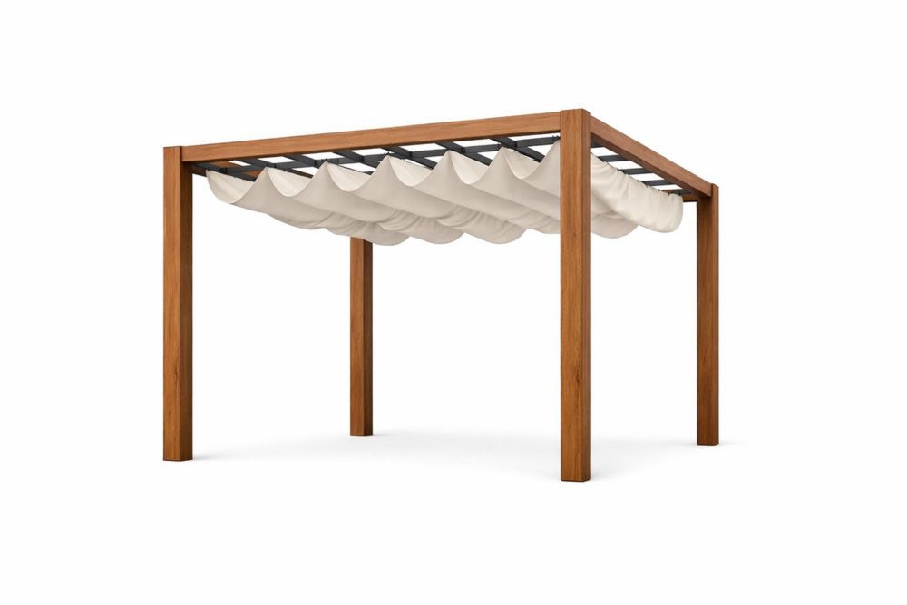 Outdoor Pergola with Retractable Beige Polyester Canopy Wood Finish