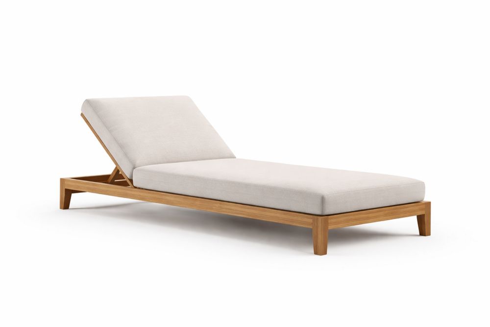 Teak Wood Chaise Lounge with Beige Cushions Length 200cm