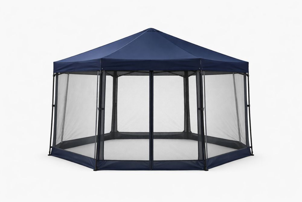 Hexagonal Blue Steel and Polyester Canopy Tent with Mesh