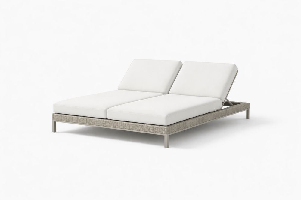 Outdoor Double Chaise Lounge White Cushions Wicker Aluminum Frame
