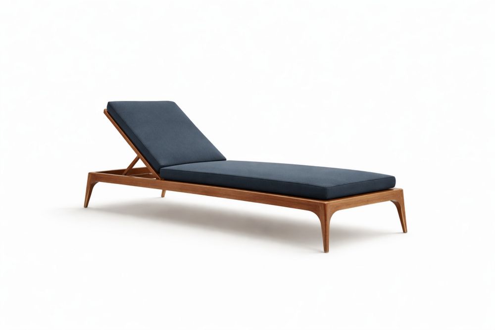 Teak Wood Chaise Lounge Navy Polyester Cushions Adjustable Backrest Length 210cm