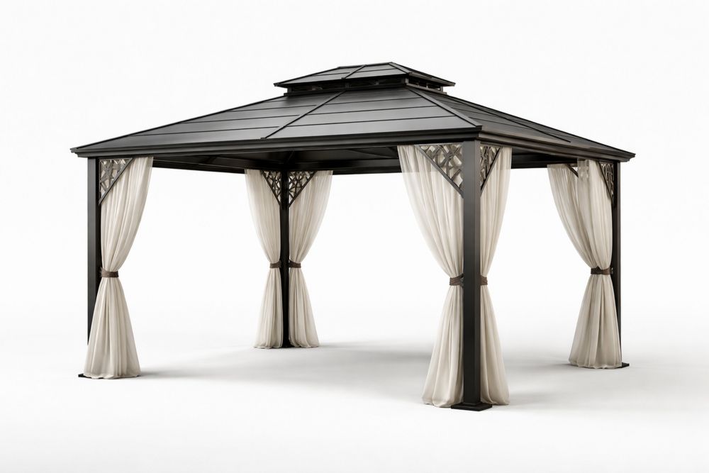 Outdoor Steel Gazebo with Steel Roof and Polyester Curtains