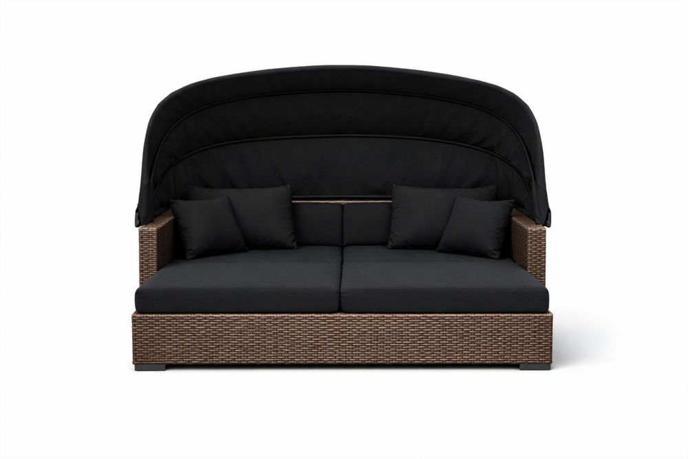 Outdoor Wicker Double Sofa with Black Cushions and Adjustable Canopy
