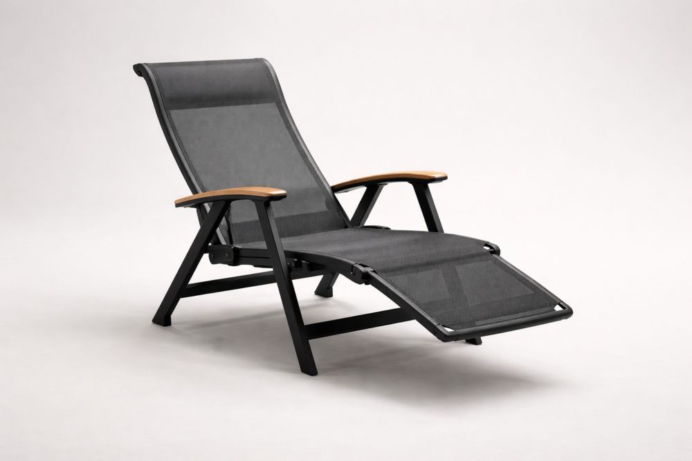 Reclining Mesh Sun Lounger with Teak Armrests Black Aluminum Frame