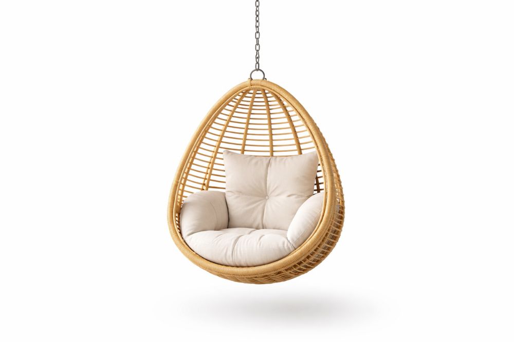 Rattan Hanging Egg Chair with Cushion Beige Teardrop Outdoor