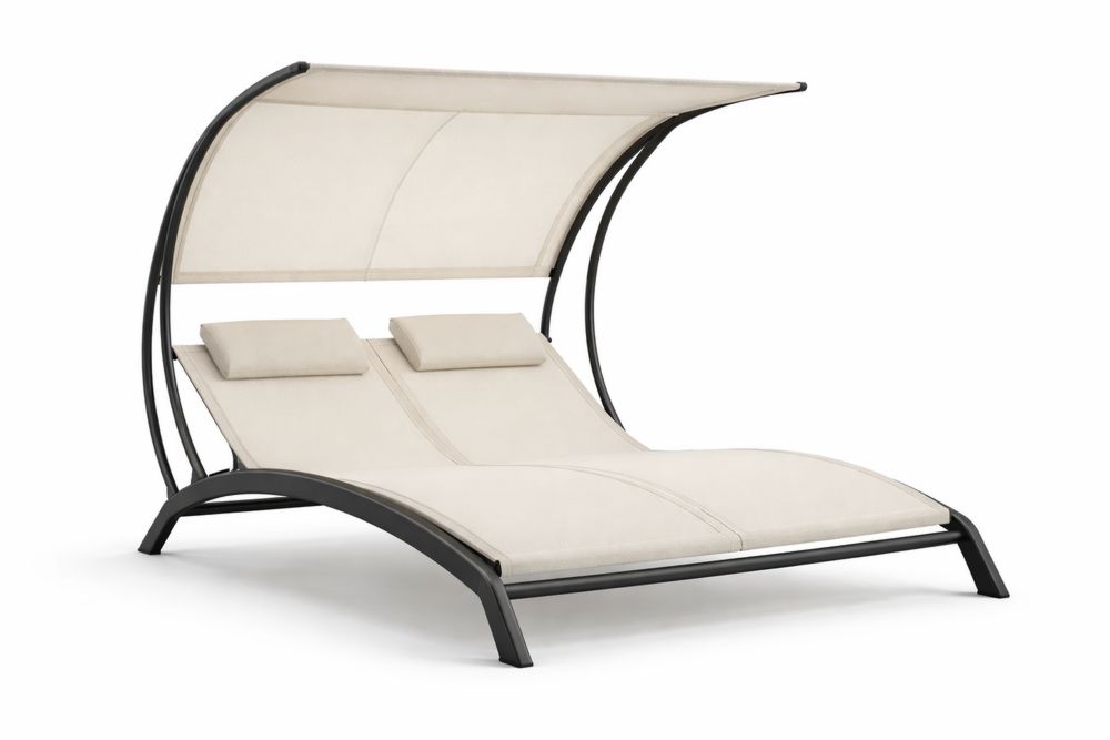 Outdoor Double Sunbed with Canopy Beige Polyester Fabric and Steel Frame