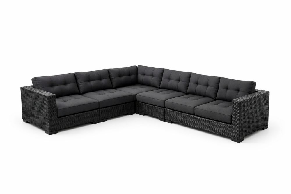 L-Shaped Outdoor Corner Sectional Sofa Set with Black Cushions and Wicker