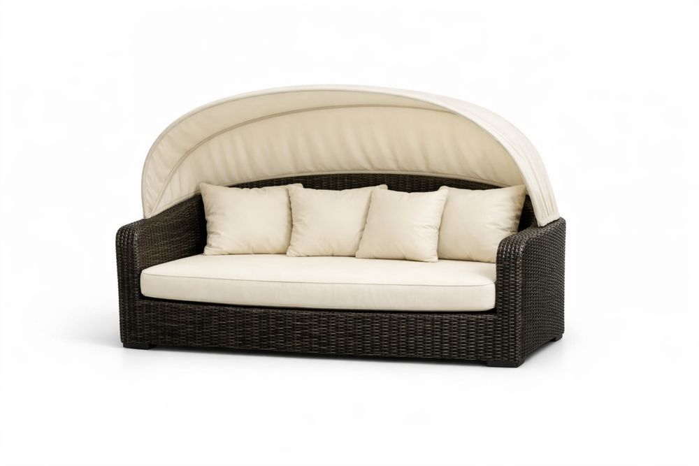 Outdoor Wicker Canopy Long Sofa with Cushions and Pillows Brown Beige