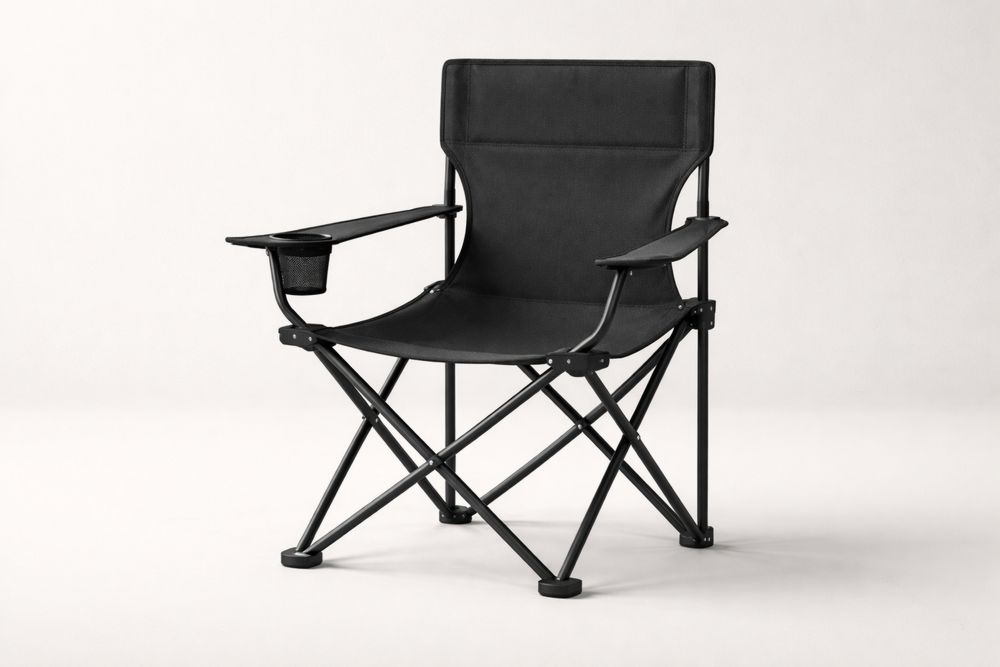 Folding Camping Chair Black Polyester with Steel Frame and Cup Holder