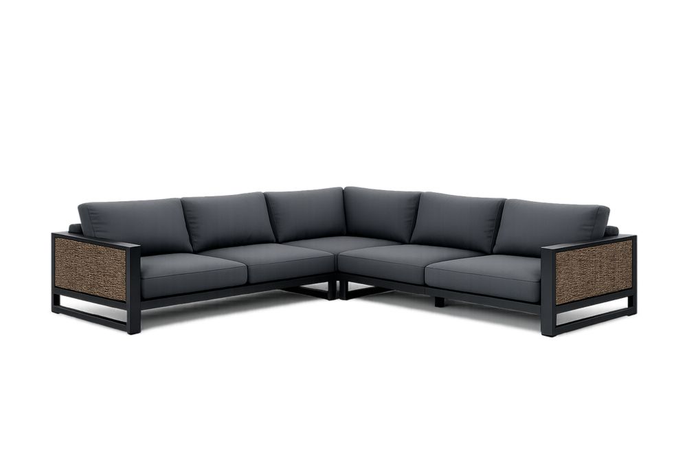 Outdoor L-Shaped Corner Sectional Sofa with Black Aluminum Frame, Woven Accents, and Gray Cushions