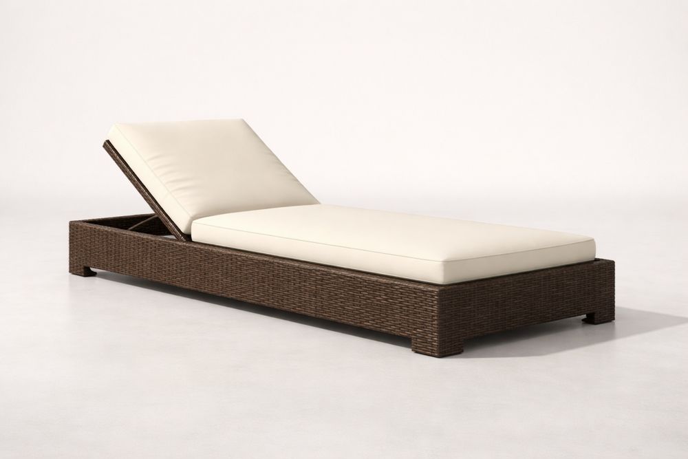 Adjustable Brown Rattan Chaise Lounge with Beige Cushion