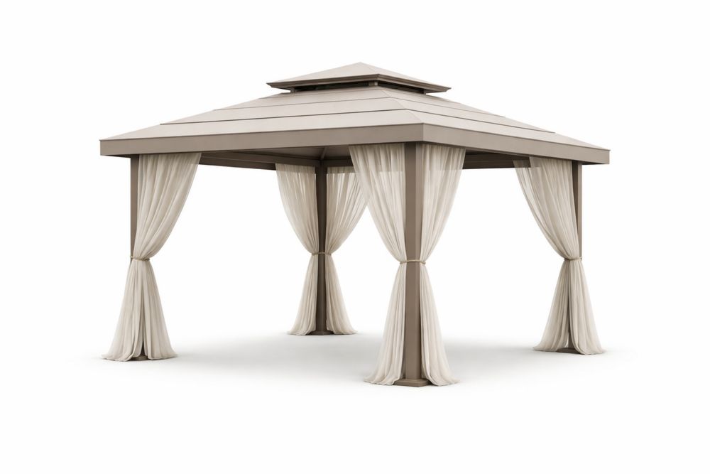 Outdoor Gazebo with Beige Steel Frame and Polyester Curtains