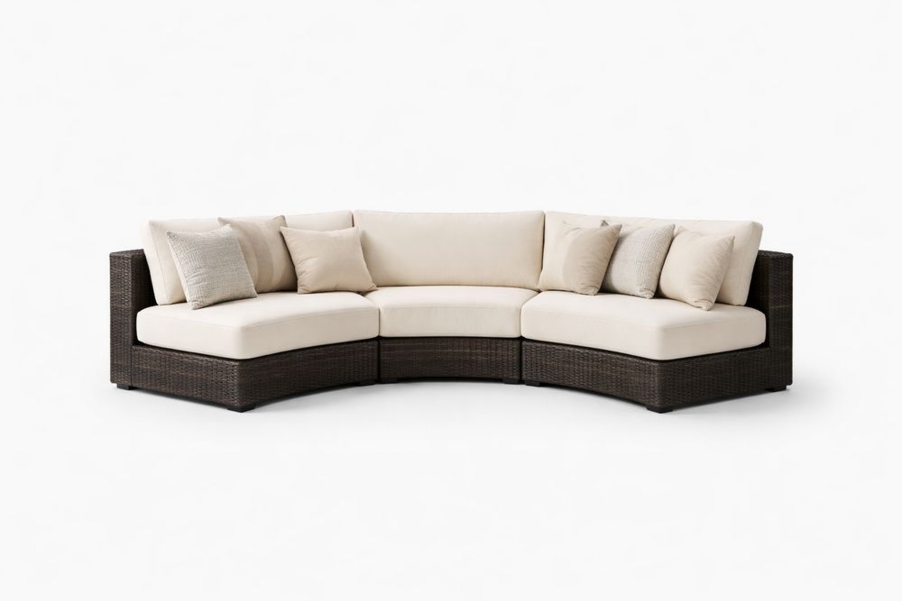 Curved Outdoor Sectional Corner Sofa Set with Cream Cushions and Wicker Frame