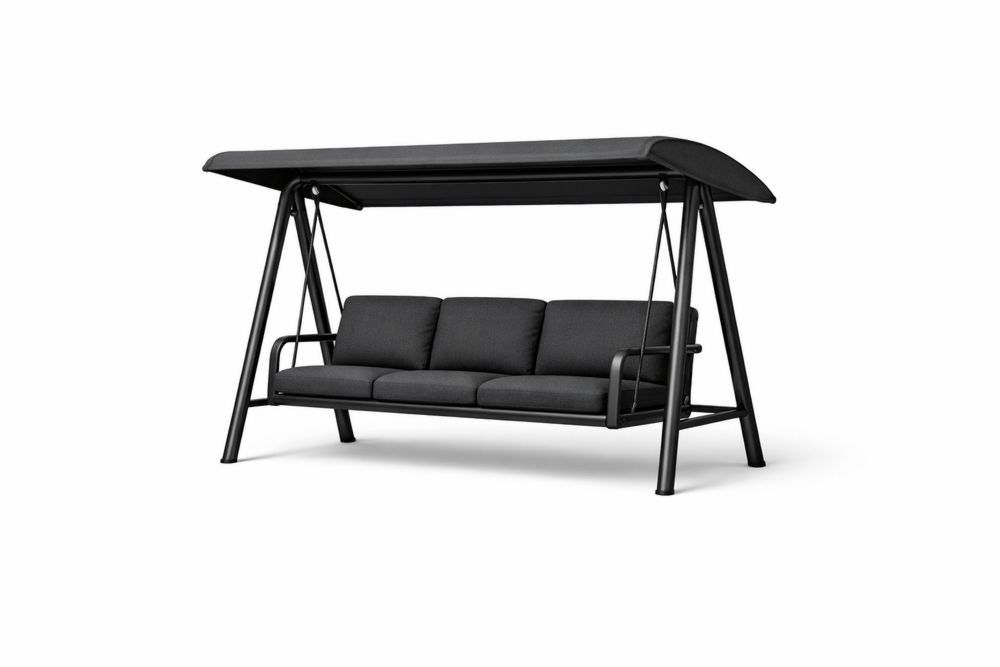 Outdoor Steel Frame Swing Chair with Adjustable Canopy and Polyester Cushions in Black