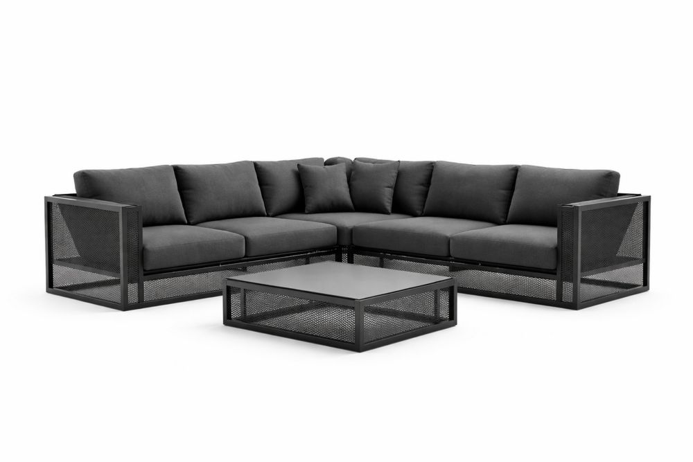 Outdoor Dark Gray Steel Frame Sectional Sofa with Coffee Table Set