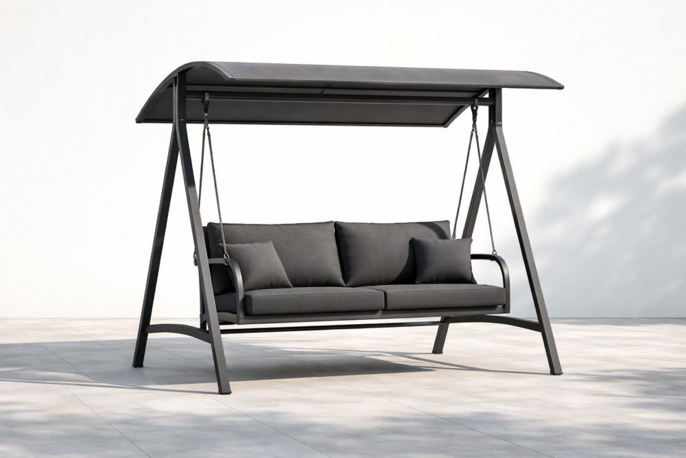 Outdoor Swing Chair with Steel Frame and Grey Polyester Cushions