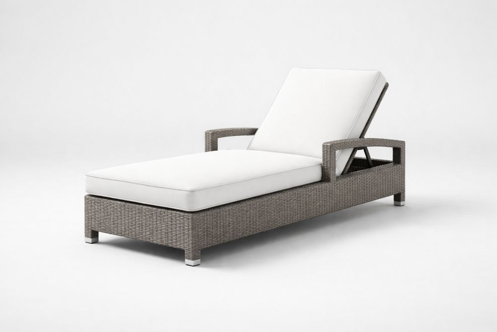 Outdoor Wicker Chaise Lounge with Adjustable Cushion in Light Gray and White