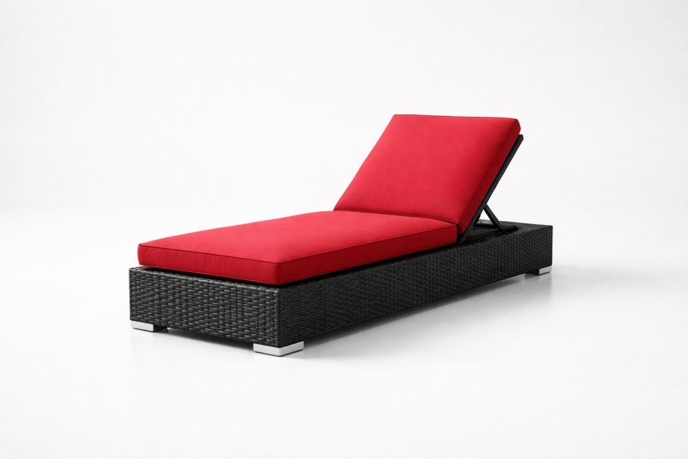 Outdoor Adjustable Rattan Sun Lounger with Red Cushion