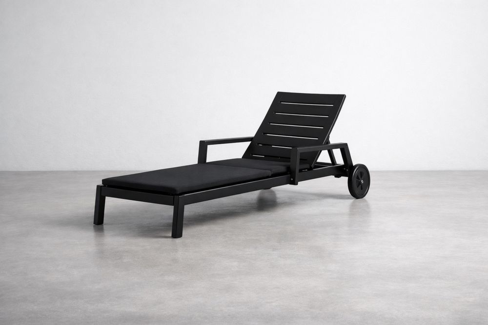 Black Aluminum Outdoor Chaise Lounge with Cushion and Wheels