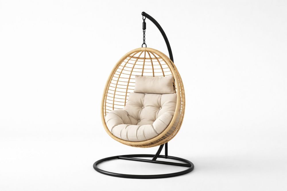 Outdoor Egg Shaped Hanging Chair Beige Cushion Steel Frame Rattan