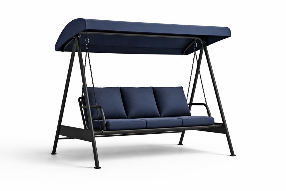 Outdoor Steel Patio Swing Chair with Canopy and Navy Blue Cushions