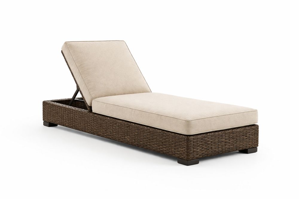 Outdoor Chaise Lounge with Beige Cushions and Wicker Frame