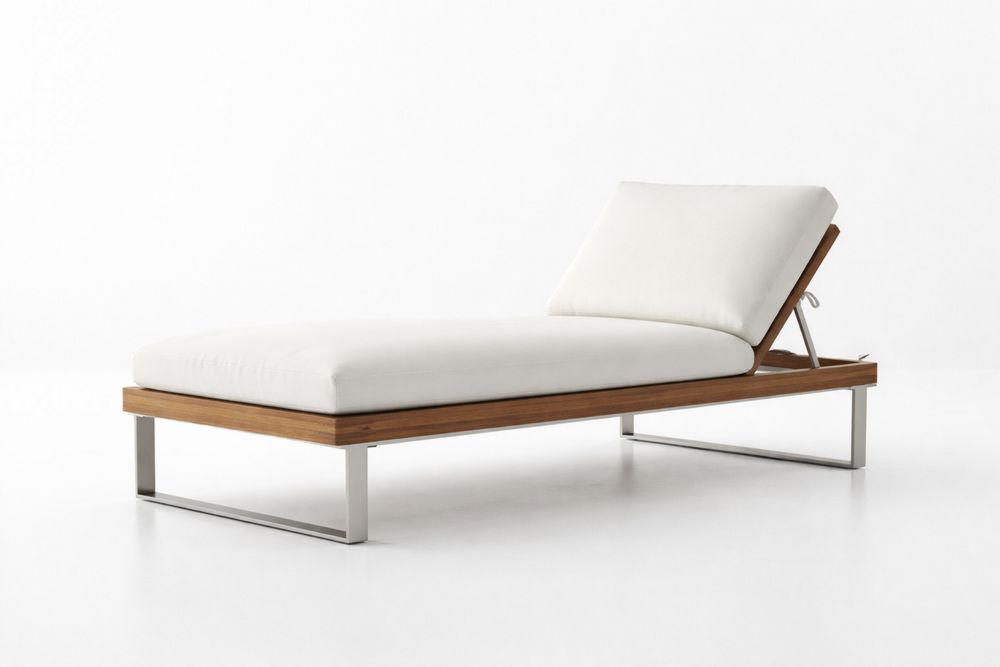 Teak and Stainless Steel Adjustable Chaise Lounge with White Cushion