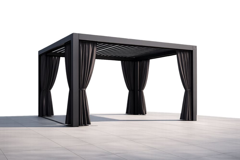 Outdoor Aluminum Pergola with Adjustable Louvered Roof and Black Curtains 360x360x240 cm(L × W × H)