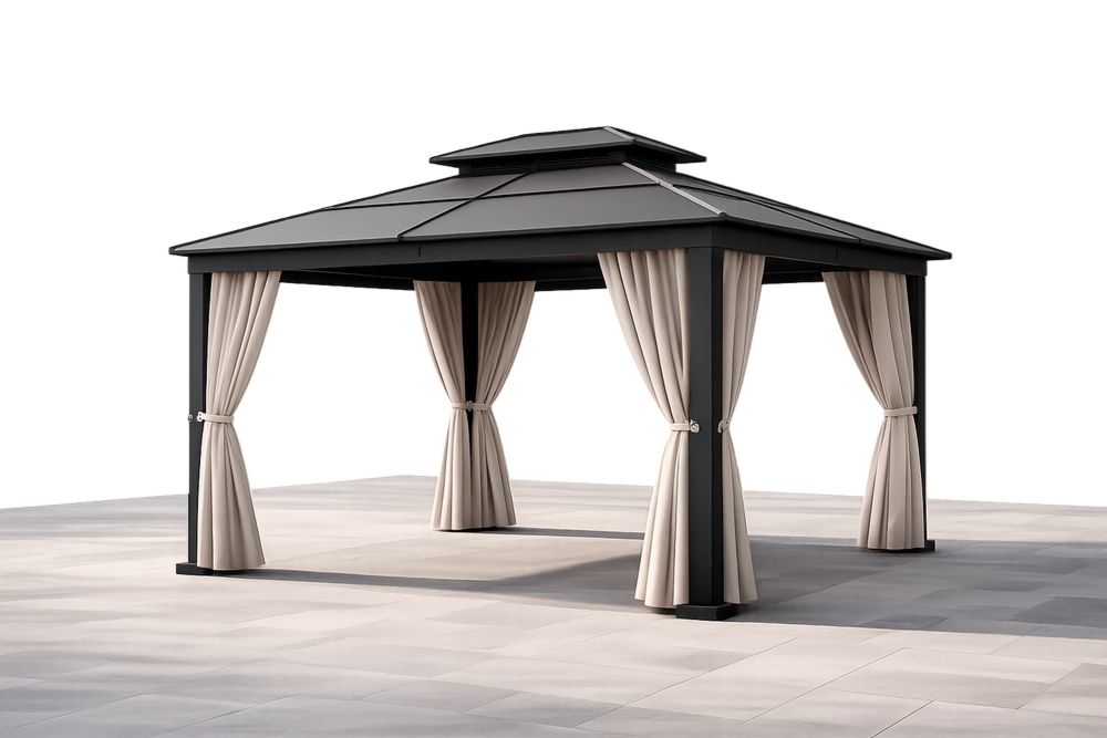 Outdoor Gazebo Black Steel Frame with Beige Polyester Curtains