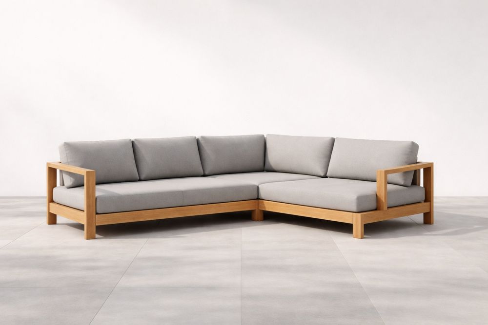 Teak Frame Corner Outdoor Sofa Set with Grey Cushions